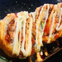 Friendship Roll (Cooked) · Spicy crab meat, avocado, spicy tuna, deep-fried.