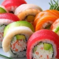 Rainbow Roll · Crab stick, avocado, cucumber with variety of fish outside.