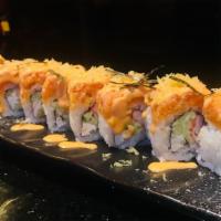 Red Dragon Roll · Cucumber, crab meat, cream cheese, and spicy tuna on top.