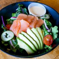 Smoked Salmon Salad · New. Spring mix greens, house smoked salmon, avocado, cherry tomatoes, pickled apples, cucum...