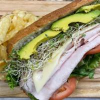 Turkey Californian · Smoked turkey, avocado slices, sprouts, Swiss cheese, tomato, and lettuce.