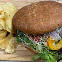 Vie De France Garden · Cheddar and muenster cheeses, tomatoes, red peppers, cucumber, alfalfa sprouts, balsamic vin...