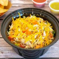 Healthy Chicken Bowl · Shredded chicken, whole beans, rice, lettuce, pico de gallo, cheese, side of chips