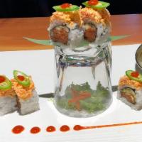 Panic Roll · Spicy tuna roll topped with spicy crabmeat and jalapeño with spicy sauce on top.