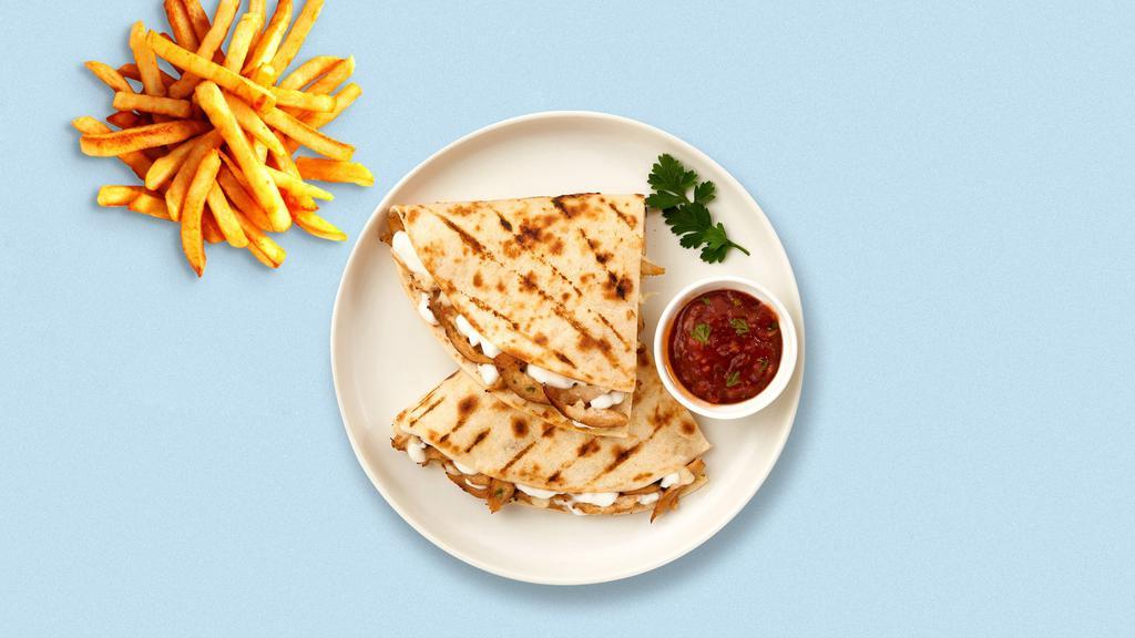 Chicken Quesadilla · Chicken, green peppers, and onions wrapped with cheddar cheese in a grilled tortilla. Served with a side of sour cream and salsa.