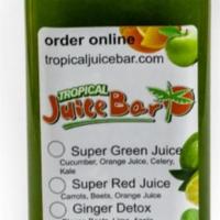 Bottled Super Green Juice · Made with fresh kale / celery / cucumber & blended with orange juice.  bottled in a 16 oz bo...