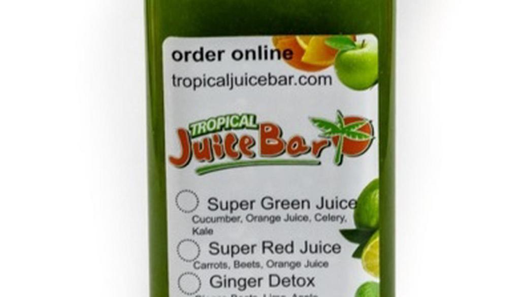 Bottled Super Green Juice · Made with fresh kale / celery / cucumber & blended with orange juice.  bottled in a 16 oz bottle.