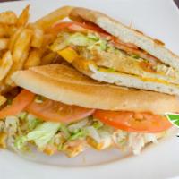 Chicken Sandwich, Smoothie & Fries · A sizzling grilled chicken sandwich with American cheese, lettuce, tomatoes & pink sauce, se...