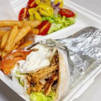 Chicken Gyro Platter · On pita bread with lettuce, tomatoes, onions and tzatziki sauce. Comes with a small Greek sa...