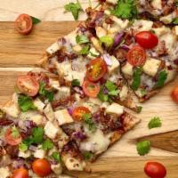 Bbq Chicken Flatbread Pizza · BBQ Sauce, chicken breast, applewood smoked bacon, cilantro, cherry tomato, red onion, itali...