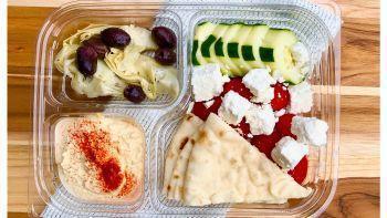 Hummus Snack Tray · Cherry Tomato, cucumber, marinated artichoke, kalamata olives, feta cheese, roasted garlic h...