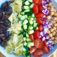 Mediterranean Quinoa Power Salad (Vegan) · Quinoa, chickpeas, cherry tomato, red onion, cucumber, arugula, marinated artichoke and kala...