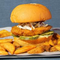 Nashville Hot Chicken Sandwich W Fudd Fries · Spiced up Crispy Chicken, Pickles, Texas Slaw, Mayo, with Fudd Fries.