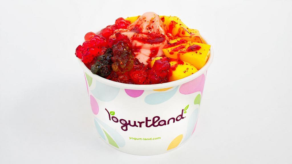 Strawberry Mangonada · Strawberry Mango Sorbet, Mango, Strawberry Bubble Burst, Chili Chamoy Gummy Bears, Chamoy, Tajin®.