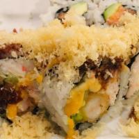 Crunch Roll (8 Pieces) · Inside: tempura shrimp, cucumber, avocado, kani. Outside: eel sauce, spicy mayo, crunch.
