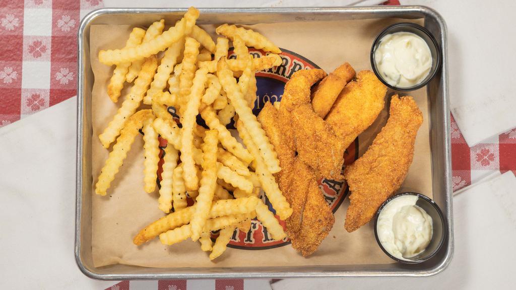 Fried Catfish Basket · U.S.A. farm raised, grain fed catfish fillets sliced into large chunks, dipped in milk and rolled in a special blend of spices and corn meal, then fried to a golden brown. Served with homemade tartar sauce.