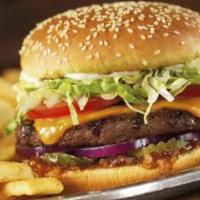 Basic Cheeseburger · American cheese, lettuce, tomato, onions and pickles.