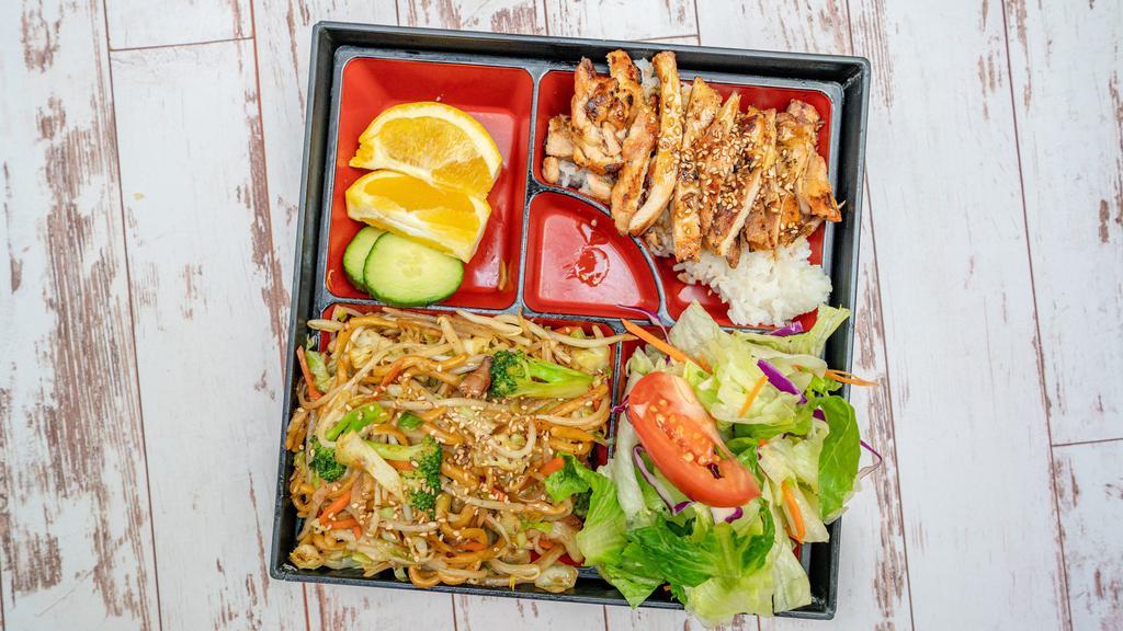 Chicken Thigh Rice & Noodle Combo · Grilled chicken thigh meat and pan fried noodle with rice, green salad, orange and teriyaki sauce.
