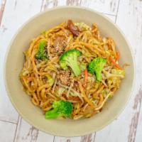 Chicken Thigh Noodle · Pan fried noodle, chicken thigh meat and veggies (Onion, Carrot, Broccoli, cabbage, mushroom...