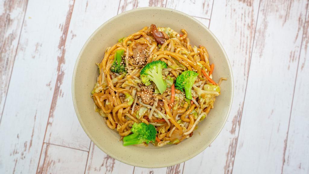 Chicken Thigh Noodle · Pan fried noodle, chicken thigh meat and veggies (Onion, Carrot, Broccoli, cabbage, mushroom and sprouts) with scoops (2) of teriyaki sauce.