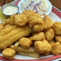 Fried Seafood Platter · A heaping platter of delicately fried, hand-breaded shrimp, fish filet and North Atlantic se...