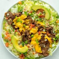 Philly Cheese Steak Salad · Philly Cheese Steak served with Salad, Avocado, Melty Cheese with Keto sauces on side.