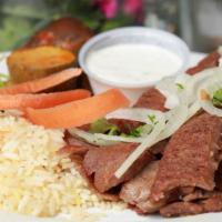 Gyros Plate · A seasoned blend of beef and lamb, broiled on a rotisserie and thinly sliced, served with tz...