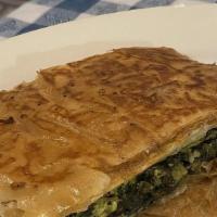 Spanakopita · Small. Spinach and feta cheese wrapped in phyllo dough.