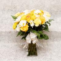 Golden Kiss · A kiss worth its gold, this bouquet comes with Roses Daisies, and some Leatherleaf, for a ar...