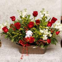 Bear Love · Show your love is the size as a bear, with this arrangment, 12 Roses, Solidago, Stocks, Carn...
