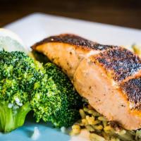 Blackened Salmon · Pan seared, seasoned long grain rice, broccoli.