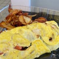 Omelettes · Three egg omelette served with home fries and toast.
