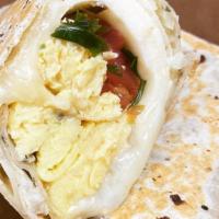 Breakfast Burrito · Scrambled Eggs, pico de gallo, pepper jack, cheddar, avocado cream on the side