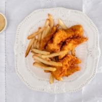 Chicken Tenders · We make them fresh to order, with fries, cole slaw, and honey mustard