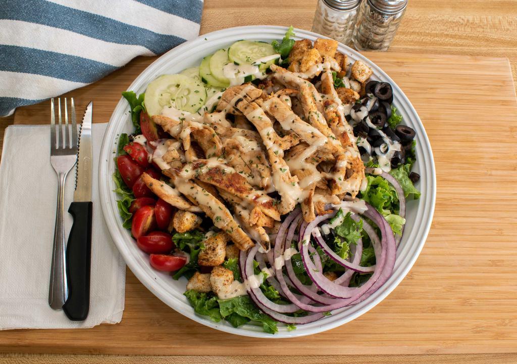 Salad With Grilled Chicken · Lettuce, tomatoes, onions, black olives, cucumbers, croutons, and parmesan cheese.
