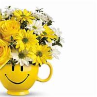 Smile Face Emoji Arrangement · smile face mug with yellow roses, white and yellow daisies