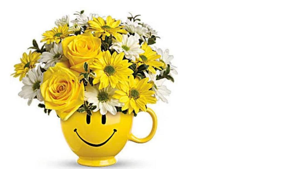 Smile Face Emoji Arrangement · smile face mug with yellow roses, white and yellow daisies