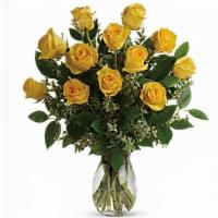A Dozen Yellow Long Stem Roses · This bouquet features a dozen yellow roses in a clear vase with b/b