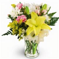The Prettiest Pictures · this bouquet features yellow lilies, pick carnations, pink mini roses, yellow solidago and w...