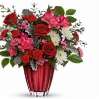 Sophisticated Love Bouquet · this bouquet features red roses, pick alstro, red mini carnations, and pink statice in a Eur...