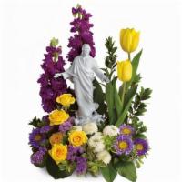 Jesus In Spring Garden · this bouquet features yellow tulips, yellow mini roses, purple stock, lavender daisies, whit...