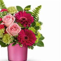 Regal Pink Ruby · This bouquet features pink roses, hot pink gerbena, green pompom, hot pink mini carnations i...