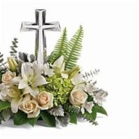 Holy Cross · this bouquet features white roses, white lilies, green hydrangea, white alstro, dusty miller...