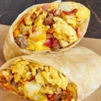 Meat Lover’S Breakfast Burrito · Scrambled eggs, bacon, sausage, ham, mushroom, breakfast potatoes and choice of cheese wrapp...