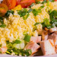 Cobb Salad · cherry tomatoes, cucumbers, blue cheese, smoked bacon, farm egg, avocado, chopped chicken, b...