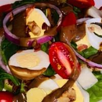 Spinach Salad · Baby Leaf Spinach with Spiced Walnuts, Sliced Egg, Spanish Onion, Bartlett Pear, Grape Tomat...