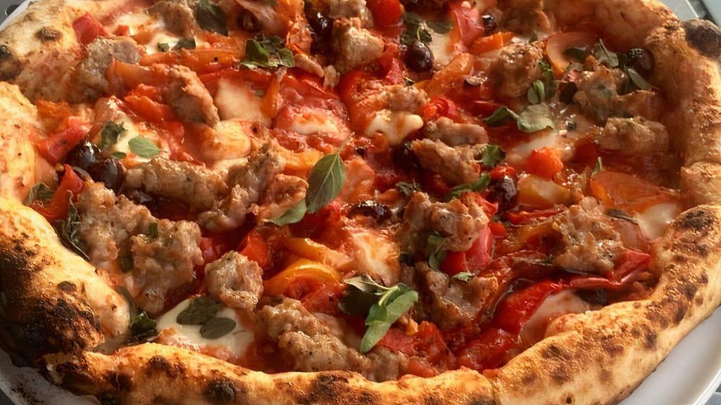 Sweet Sausage · Fior di Latte (Cow's milk fresh Mozzarella) with wood fired Sweet Sausage, our house made Peperonata (Sweet Pepper, Olive, & Onion Mix) & Oregano