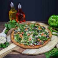 Bombay Veggie Pizza · Spicy Sauce, red onions, green peppers, black olives, fresh mushrooms, tomatoes, jalapeños, ...
