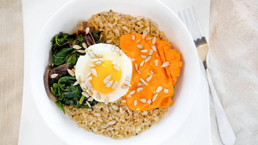 Healing Bowl · brown rice, quinoa, turmeric sweet potato, spinach, egg, sunflower seeds, lemon vinaigrette
