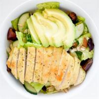 Cali Chicken Salad · avocado, grilled chicken breast, cucumber, romaine lettuce, date, dried cranberry, almond, r...